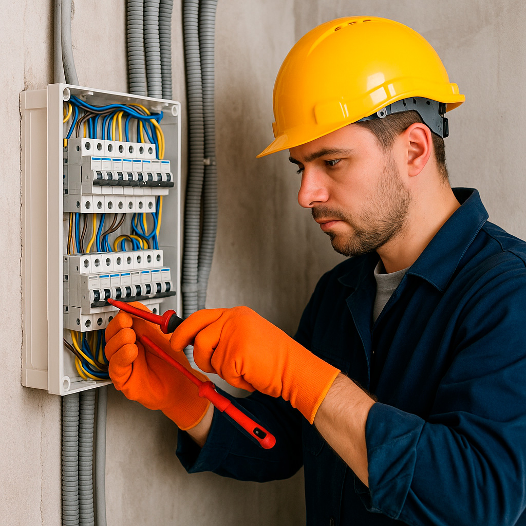 Eletricista profissional trabalhando em instalação elétrica